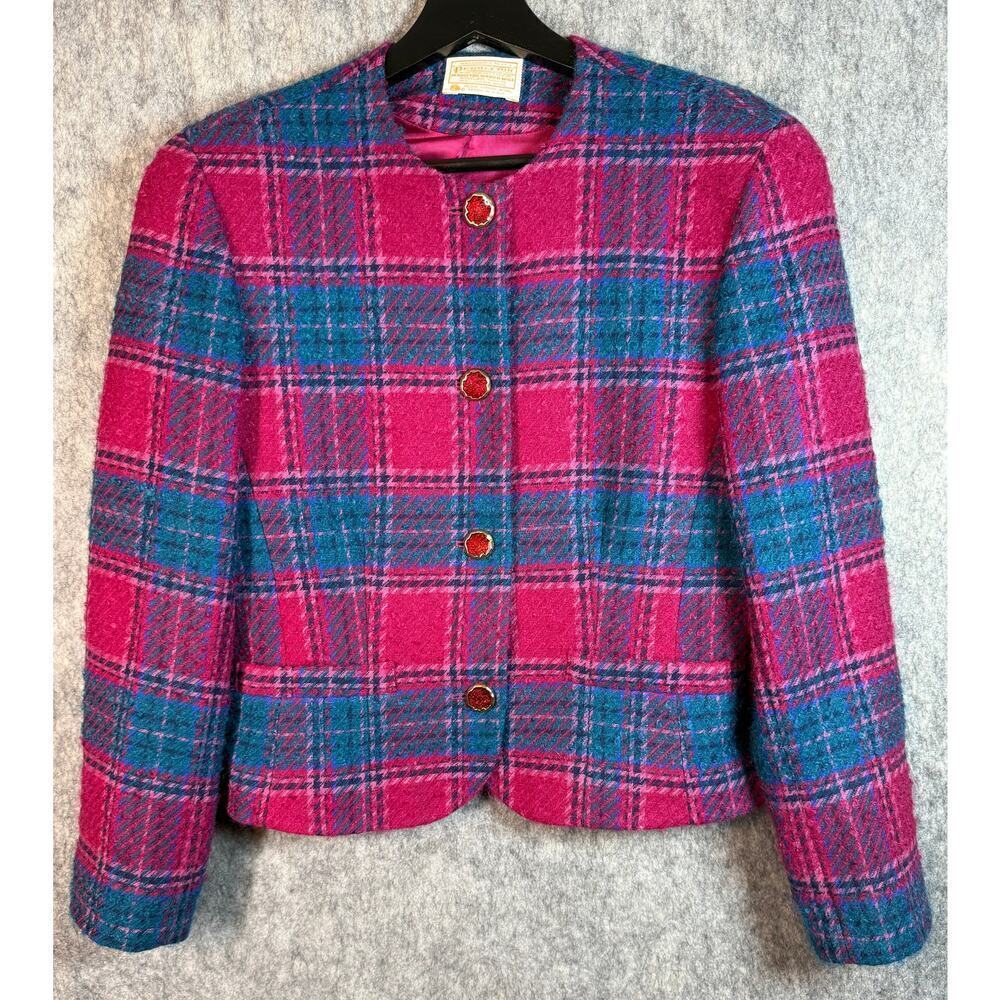 Vintage Pendleton Womens Size 8 Blue Pink Plaid Jewel Button Wool Blazer